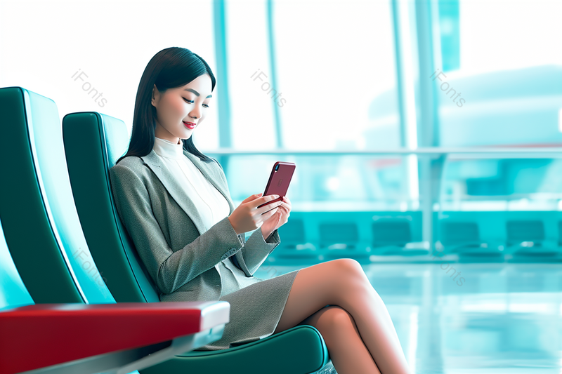 亚洲商务女性女士在候车厅看手机等候摄影背景,高清,摄影图,摄影图片,图片大全,摄影图免费下载